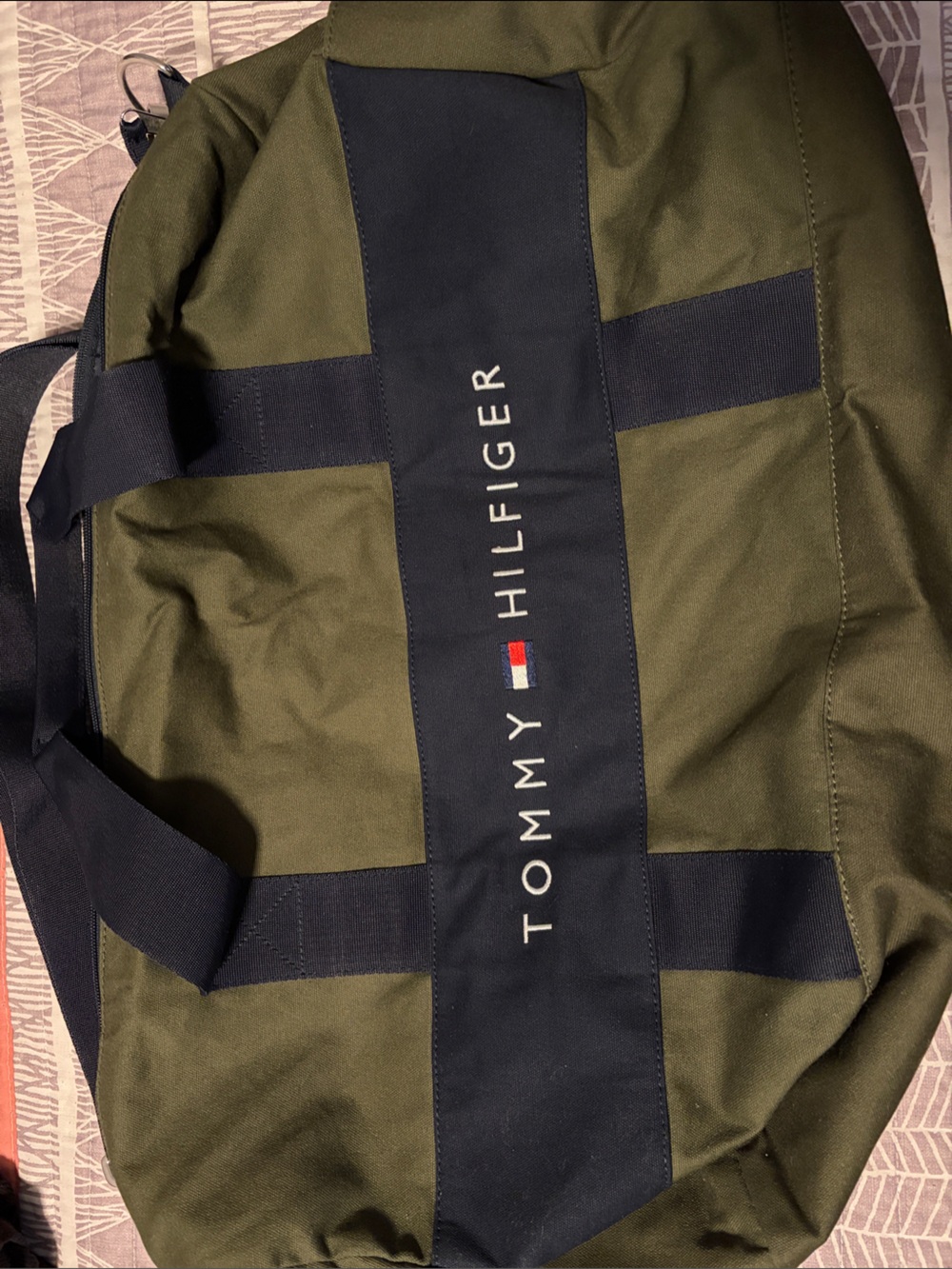 Tommy Hilfiger Olive and Navy Cross-Panel Duffel Bag